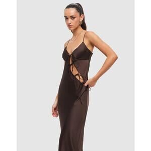 NWT! Lioness satin asymmetric tie detail cami maxi dress in brown M